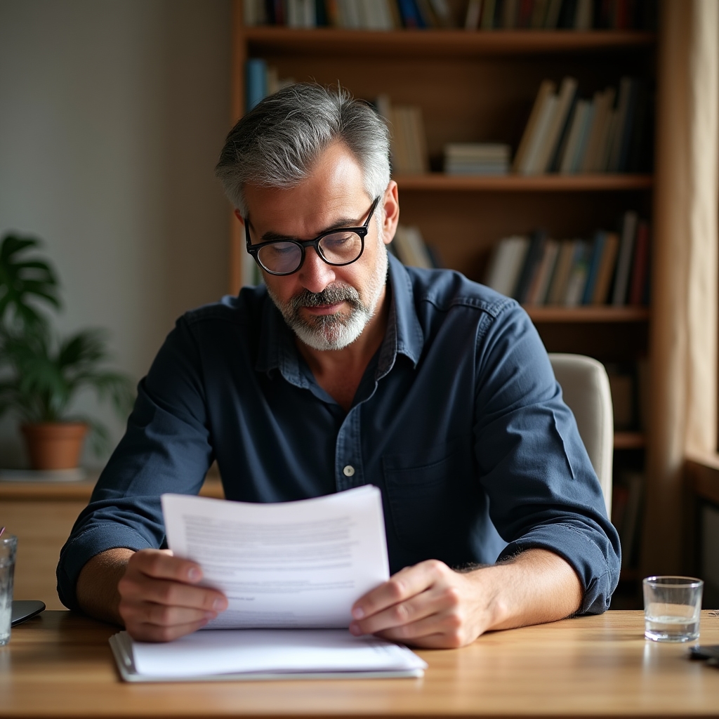 Bărbat de vârstă medie studiind documente financiare cu o expresie calmă și concentrată, la o masă luminoasă
