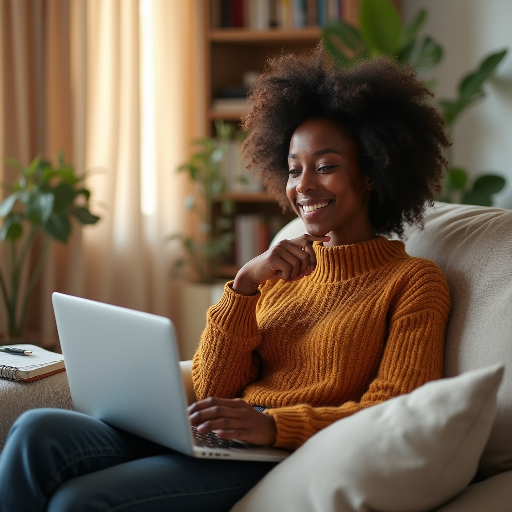 Femeie tânără studiind o lecție online despre finanțe personale pe laptop, expresie concentrată și relaxată