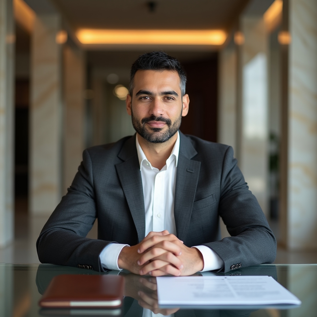 Persoană în costum de business la un interviu de angajare, cu o expresie încrezătoare, mediu profesional modern