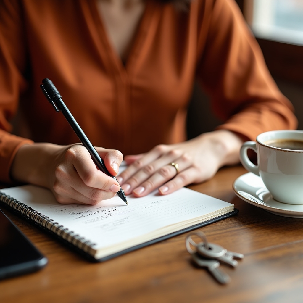 Mână scriind în notebook la o cafenea modernă, expresie de concentrare și determinare, lumină caldă naturală